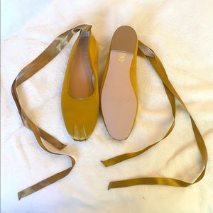 J Crew Pleated Gold Satin Ballet Flats with Ribbon Ties
